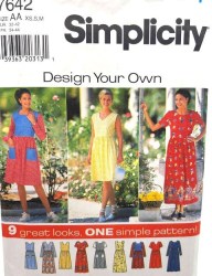 7642  Simplicity 9 PULLOVER EMPIRE FLARE DRESSES SLEEVES OR NOT PATTERN XS-M uncut
